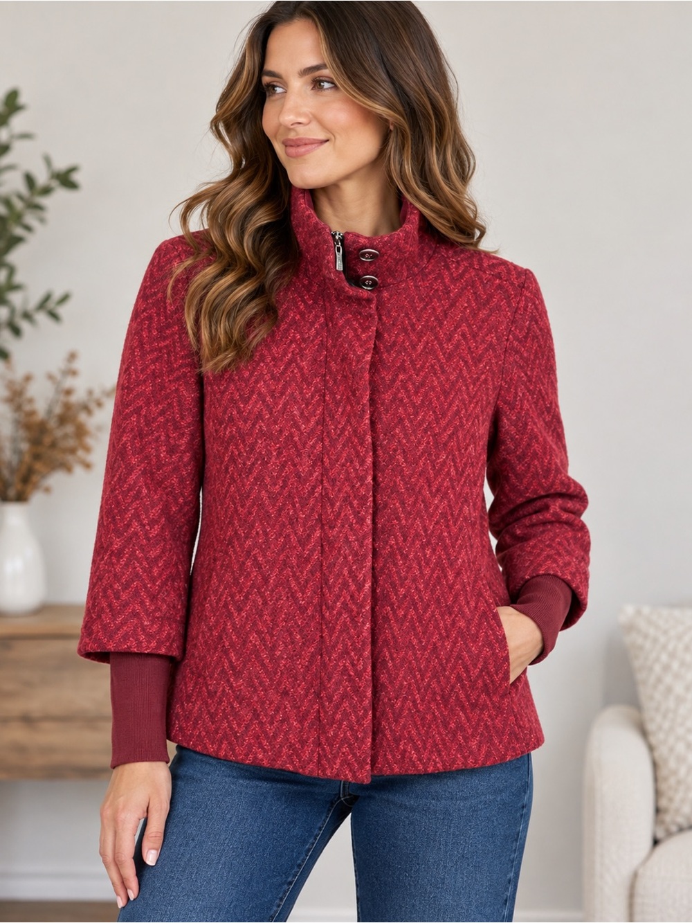 Prana Lily Chevron Wool Blend Full Zip Jacket Cranberry Red Size Women’s Large